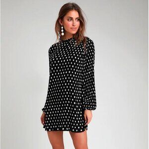 Lulus Black White Polka Dot Pleated Mock Neck Mini Dress, Modest, Mod Gothcore